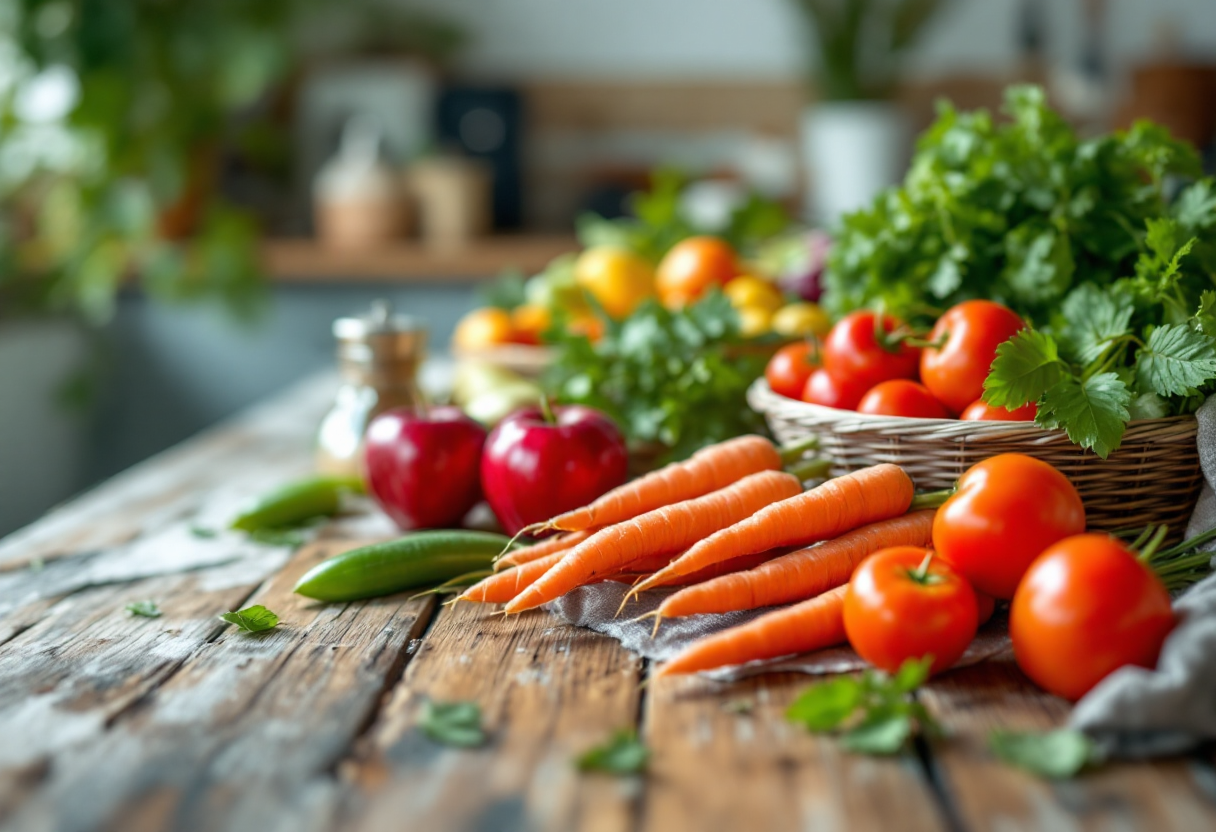 Bambini che mangiano frutta e verdura fresca