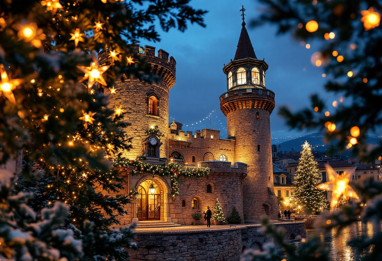 Vista del castello di Gradara decorato per Natale