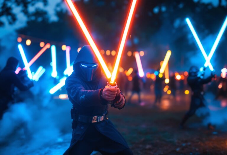 Atleti in azione durante un combattimento con spade laser