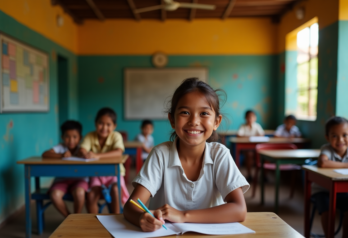 Bambini che studiano in una favela di Quito, Ecuador