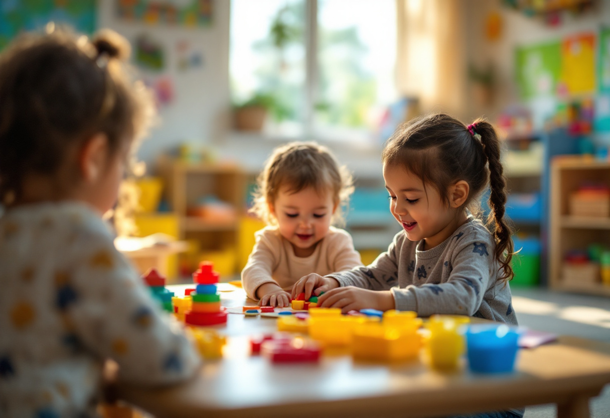 Bambini che giocano in un ambiente prescolare stimolante