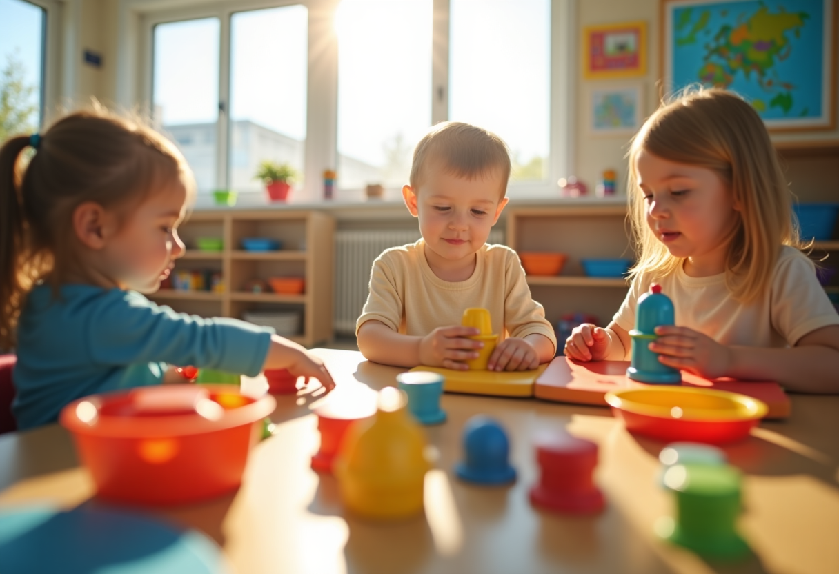 Bambini che giocano in un ambiente prescolare stimolante