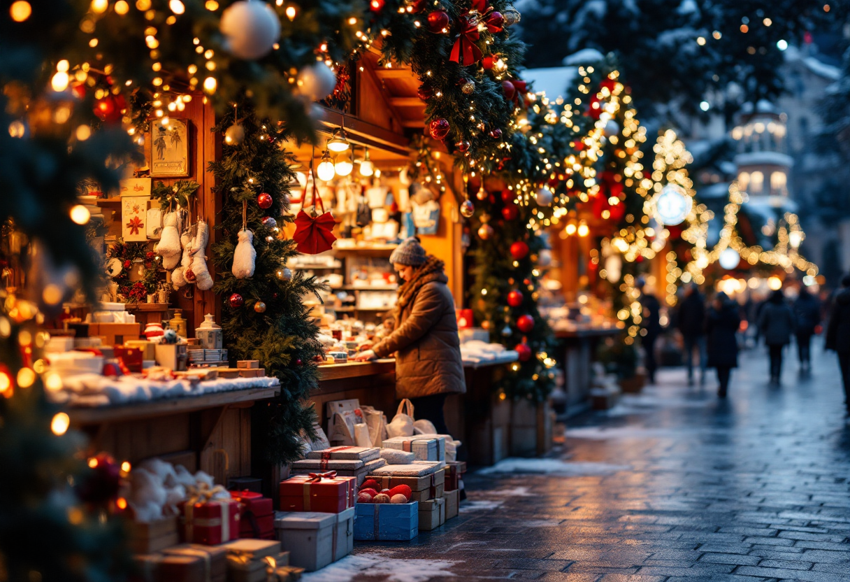 Piazza di Lugano decorata per il Natale con luci e mercatini