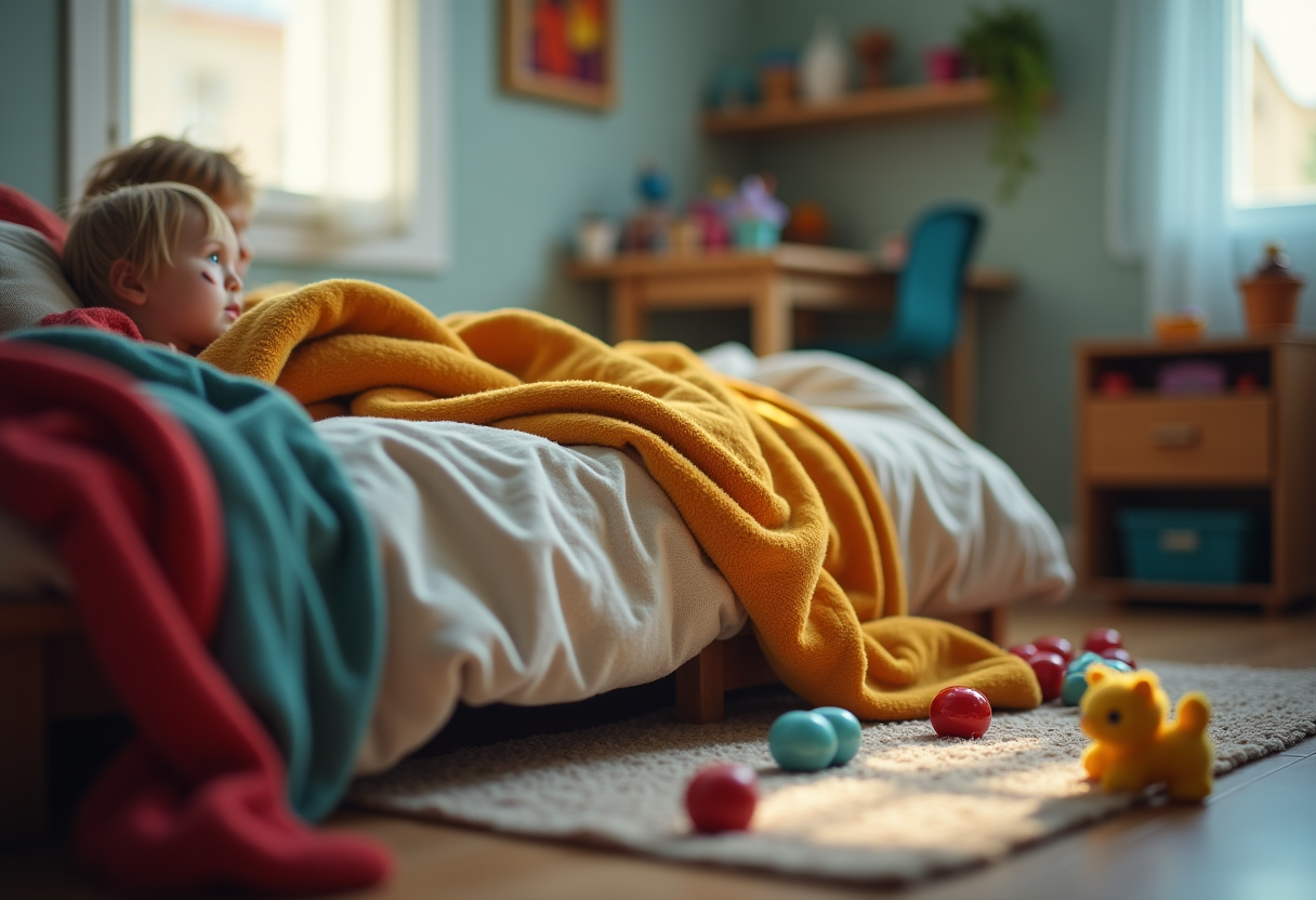 Bambini che dormono serenamente in un letto