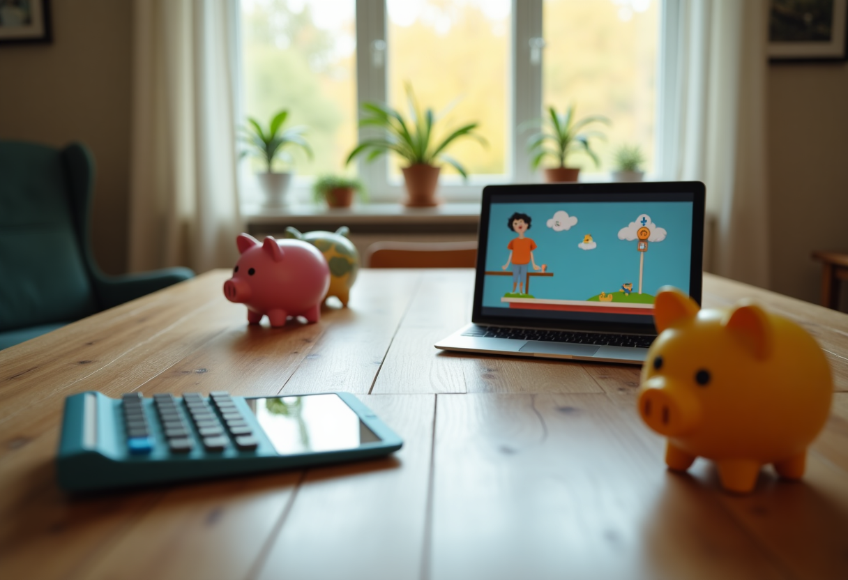 Bambini che giocano a videogiochi educativi sul risparmio