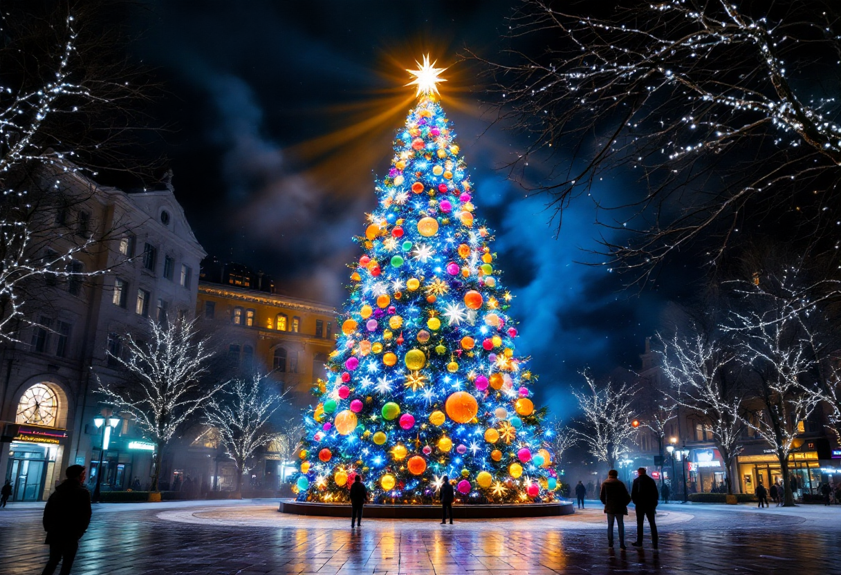 Albero di Natale illuminato in Piazza Navona a Roma