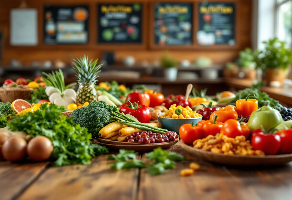 Bambini che mangiano frutta e verdura a scuola