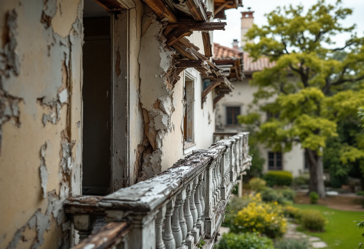 Immagine del balcone crollato a Villa Rivano Faroldi