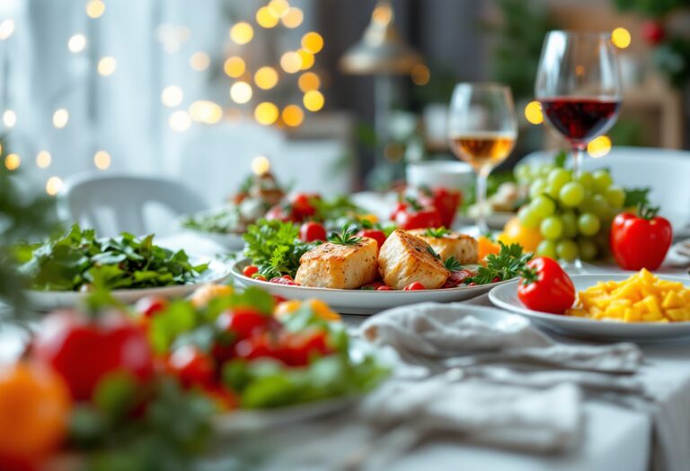 Immagine di un tavolo festivo con cibo sano e bilanciato