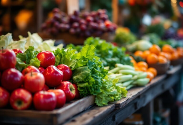 Varietà di frutta e verdura fresche su un tavolo