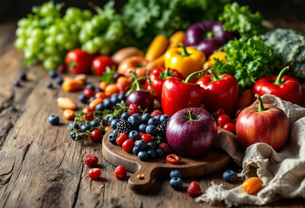 Varietà di frutta e verdura fresche su un tavolo