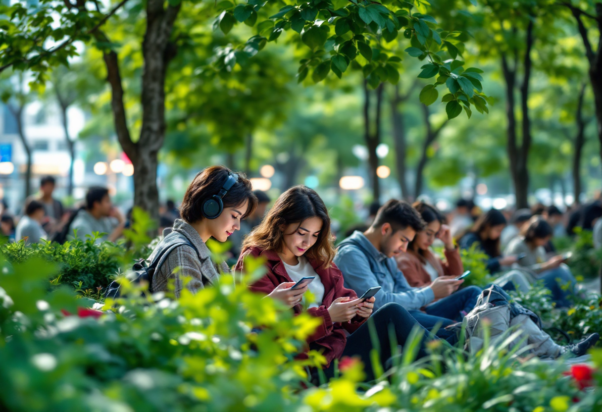 Giovani che utilizzano smartphone in un contesto sociale