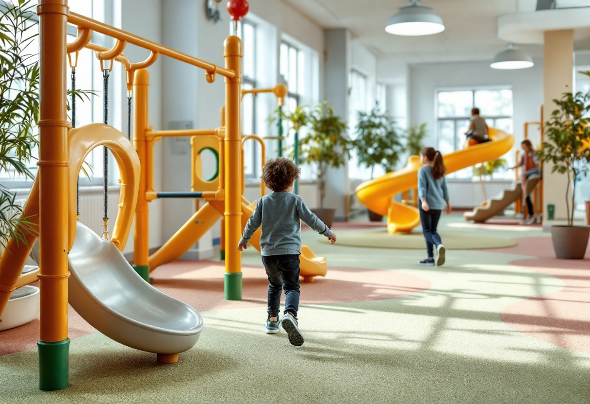 Bambini giocano in un parco giochi inclusivo