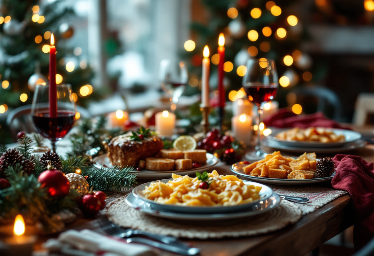 Immagine di cibo natalizio con avanzi e decorazioni festive