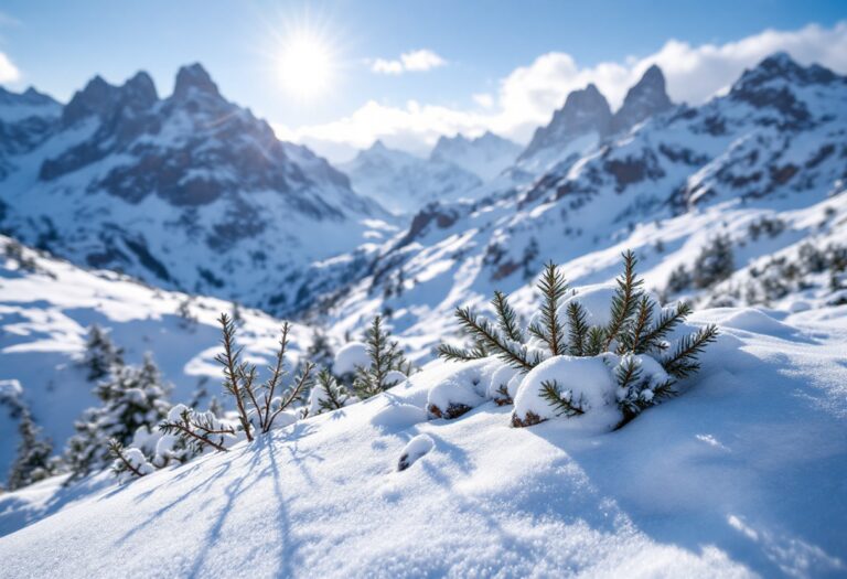 Scena di turismo invernale in Trentino con neve e montagne