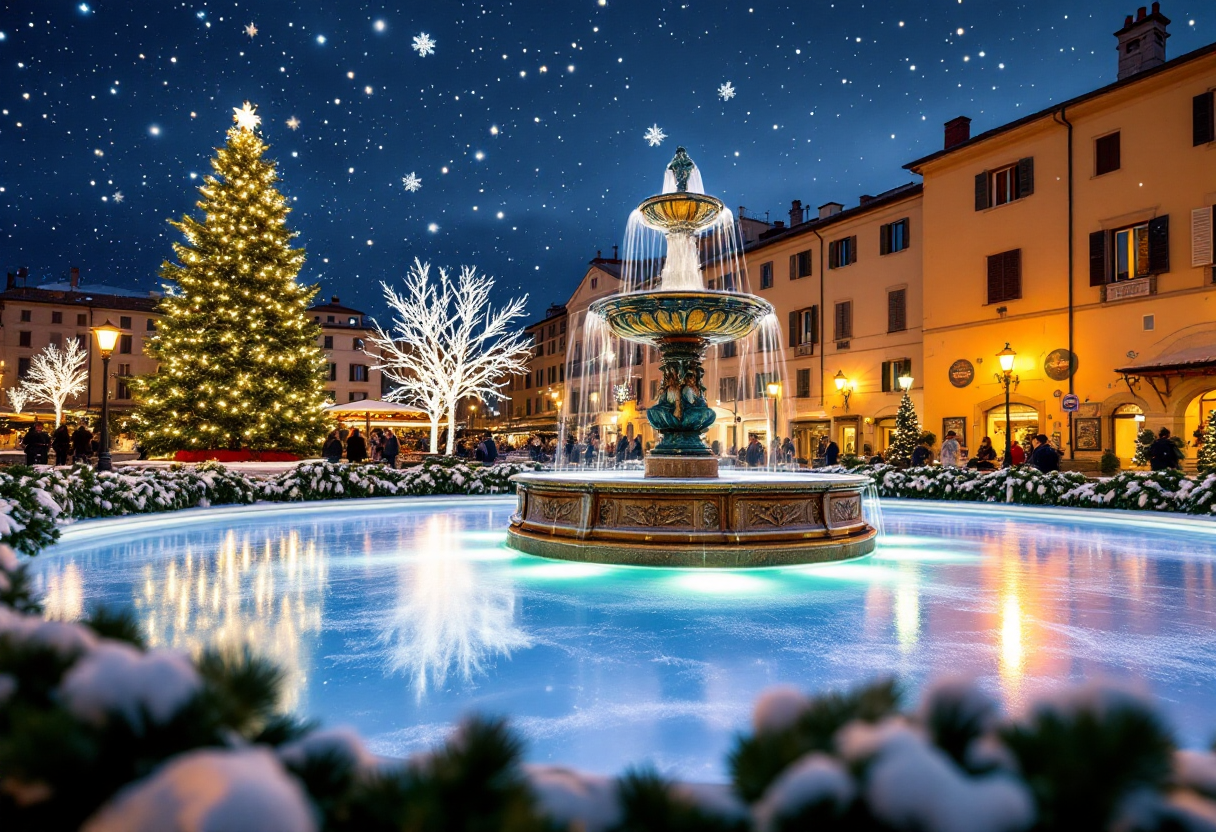 Vista del villaggio di Natale ad Ascoli con luci festive