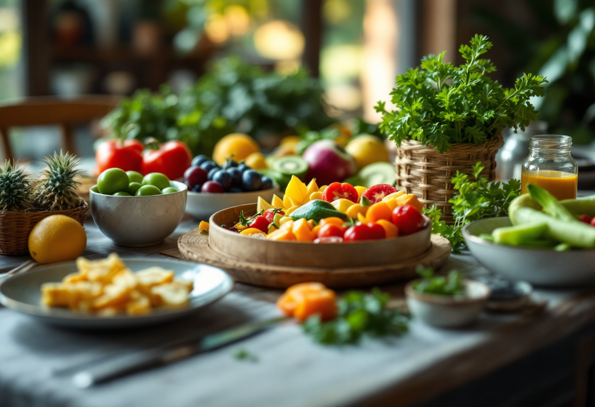 Bambini che mangiano frutta e verdura fresca