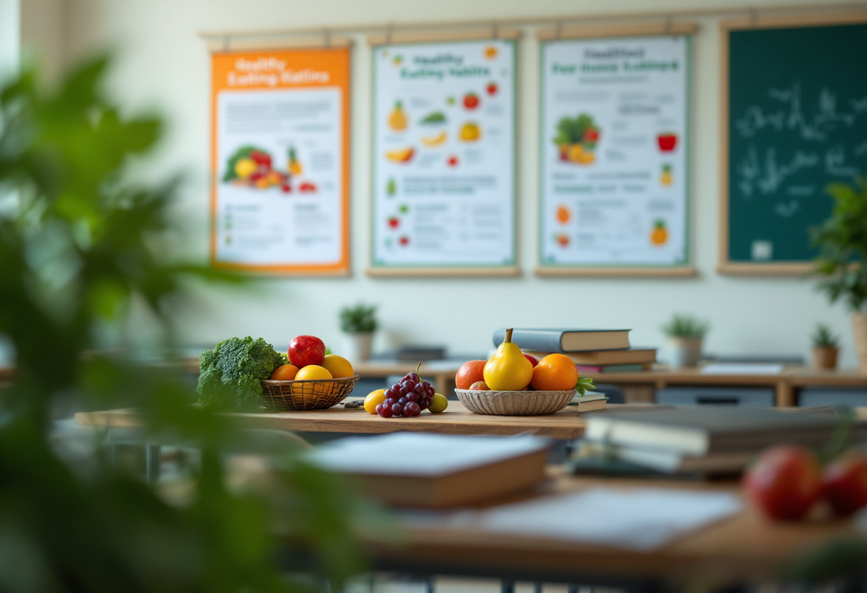 Bambini che praticano sport e mangiano sano a scuola