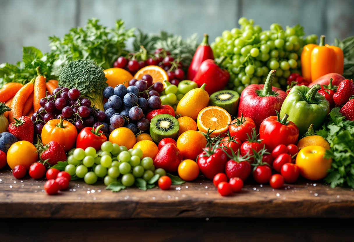 Frutta e verdura colorate e appetitose su un tavolo