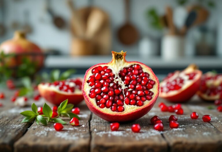 Melograno sgranato e succo fresco in un bicchiere