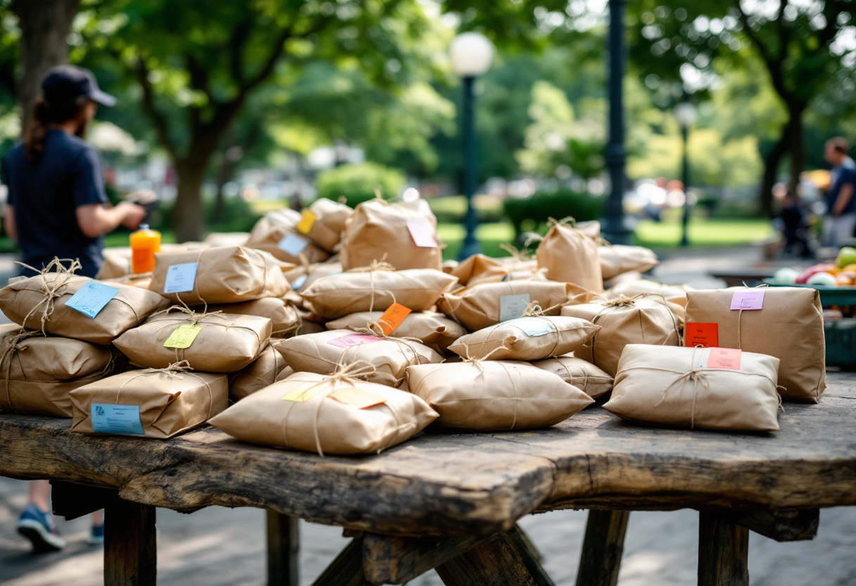 Volontari Lions Club mentre distribuiscono pacchi alimentari