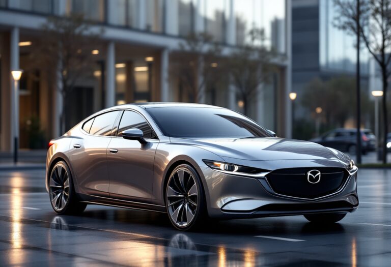 Nuova Mazda6e elettrica in un ambiente urbano elegante