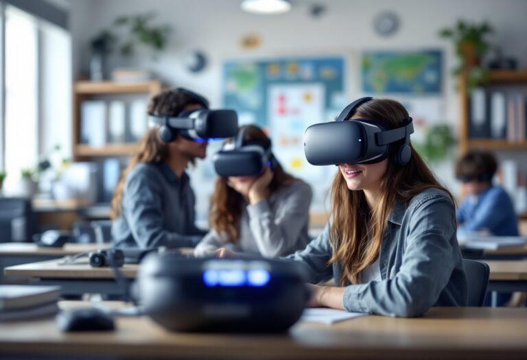 Studente utilizza visore di realtà virtuale in aula