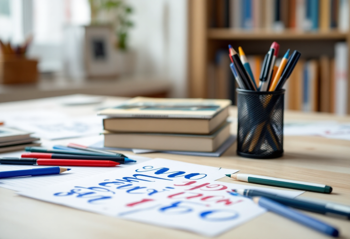 Bambino che scrive a mano su un quaderno colorato