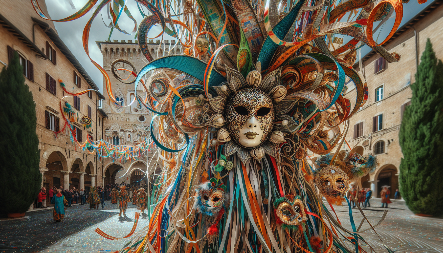 Carnevale in Umbria con maschere e festeggiamenti colorati