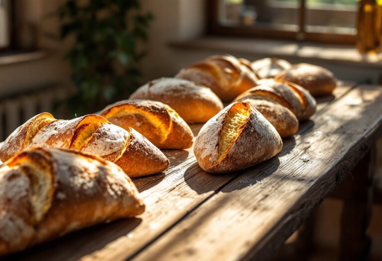 Pane fresco appena sfornato su un tavolo di legno